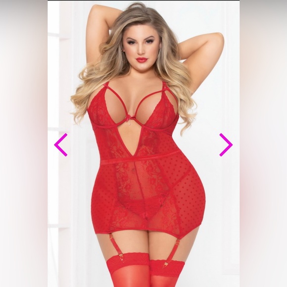 NWT Size 3X/4X Seven ‘til Midnight Red 2 Piece Heart Mesh & Lace Chemise & Thong - Picture 1 of 9